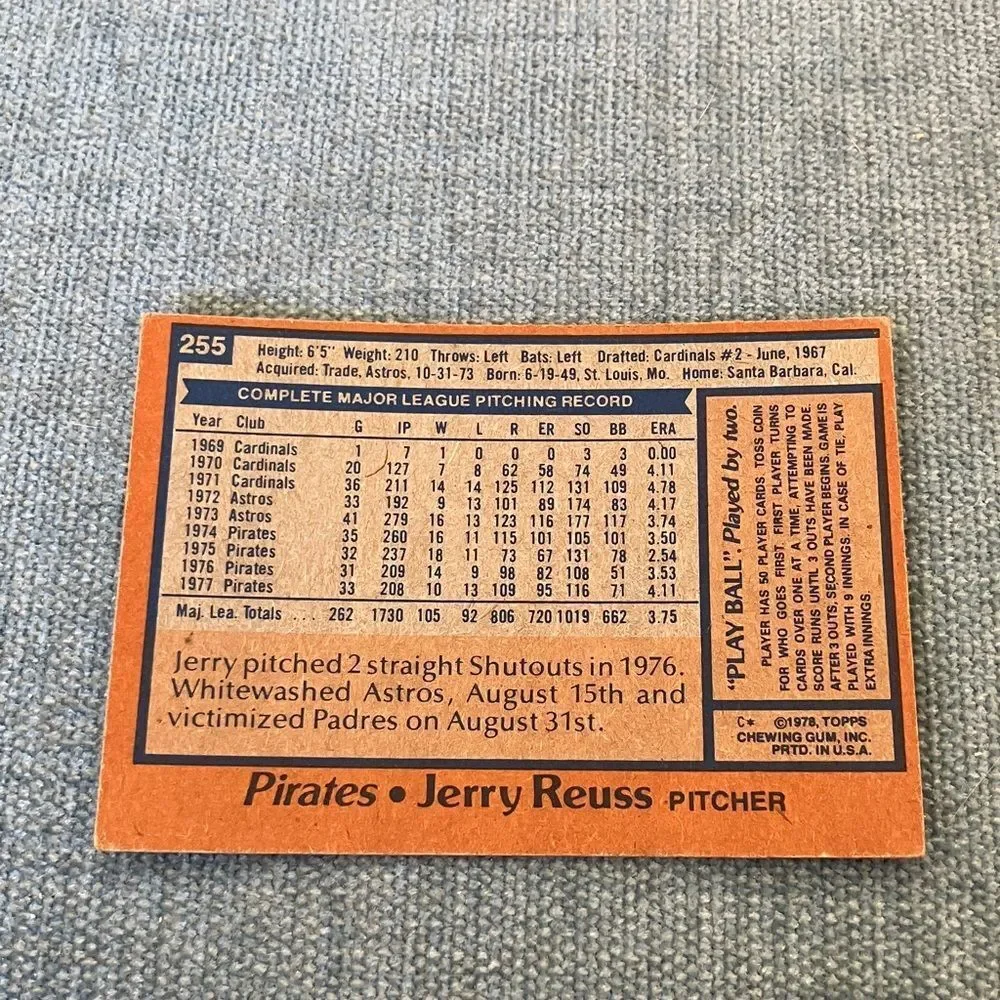 1978 Topps Pittsburgh Pirates Baseball Card Trading Card